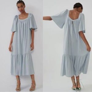 Zara Blue Chambray Oversized Bohemian Style Short Sleeve Midi Dress